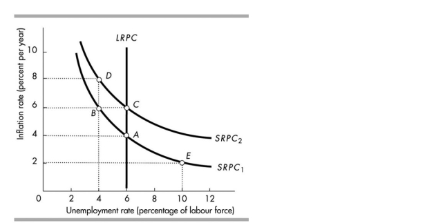 <strong> In the above figure, suppose that the economy is at point C. If the inflation rate is lower than expected,</strong> A)the LRPC will shift rightward. B)the SRPC will shift upward. C)the SRPC will shift downward. D)Neither the LRPC nor the SRPC will shift.