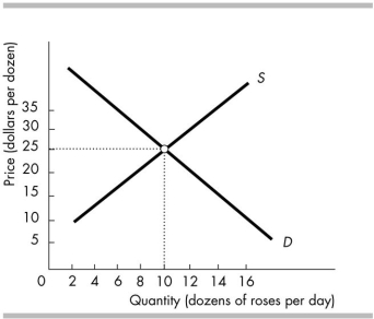 -In the above figure, a price of $15 per dozen roses would result in a _______ so that the price of roses will _______.