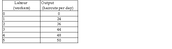 <strong> The above table has the total product schedule for Joe's Barber Shop. Joe charges $6 per haircut. If the wage rate falls from $24 per worker to $12 per worker, the quantity of labour hired _______ and the new number of workers employed is _______.</strong> A) decreases; 2 B) increases; 3 C) increases; 2 D) increases; 5