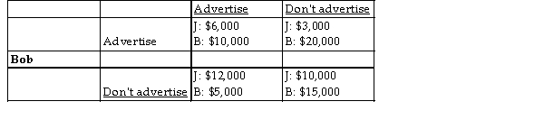 <strong>Jane The payoff matrix of economic profits above displays the possible outcomes for Bob and Jane who are involved in a game of whether or not to advertise. After each player chooses his or her best strategy and sees the result,</strong> A) if Jane does not change her decision, Bob would like to change his. B) neither player would be willing to change his or her decision unless the other player also changes his or her decision. C) only Bob would like to change his decision. D) if Bob does not change his decision, Jane would like to change hers.