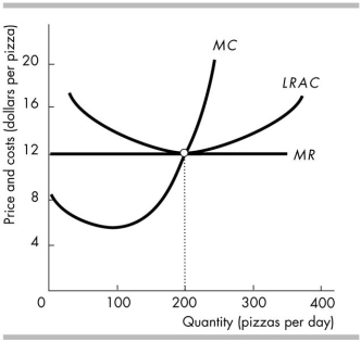 <strong> The figure above shows the marginal revenue and long- run cost curves for a perfectly competitive firm. Which of the following statements is true?</strong> A) The firm will eventually decrease its production. B) Over time, this firm will leave this industry. C) The firm is earning positive economic profit. D) The firm is producing at minimum long- run average cost.