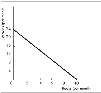 <strong> Consider the budget line in the above figure. If the consumer has income of $240, what is the relative price of movies?</strong> A) 0.42 books B) 2.4 books C) $24 per movie D) $10 per movie