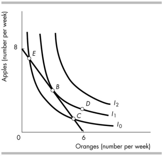 -The figure above illustrates Sally's budget line and her preferences. At point(s) _______ , the marginal rate of substitution is equal to the relative price.