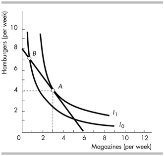 -In the above figure, which of the following statements is true? I. The consumer maximises utility by consuming at point A. II. The marginal rate of substitution at point B and point A are equal because they are on the same budget line.
