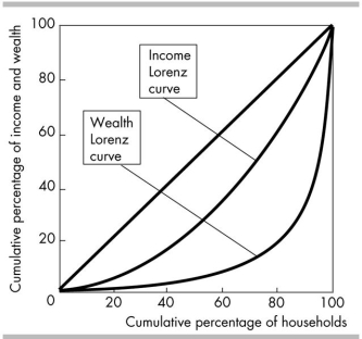 <strong> The Lorenz curves in the above figure imply that</strong> A) income is distributed more unequally than wealth. B) wealth is distributed more unequally than income. C) both wealth and income are distributed equally. D) both wealth and income are distributed at the same level of inequality.