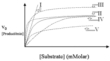 A cold virus produces an enzyme rhinase, which is acted upon by a drug called rhinex.Rhinex is known to be a noncompetitive inhibitor of the viral enzyme.Which of the dashed lines in Figure 4.8 describes the action of the enzyme in the presence of drug? The solid line describes the action of the drug-free enzyme.  
