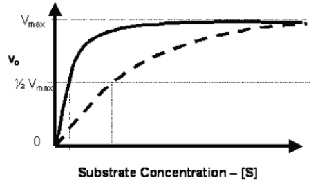 Alanine transaminase is a liver enzyme important in assessment of liver function.Figure 4.12 shows the V vs.[S] curve for the normal enzyme (solid line) and the same enzyme in the presence of the enzyme inhibitor 2-aminobutanoic acid (dashed line).   Which is true regarding the inhibitor 2-aminobutanoic acid?