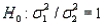 The necessary conditions having been met, a two-tailed test is being conducted at = 0.05 to test . The two sample variances are , and the sample sizes are . The rejection region is F > 2.20 or F < 0.4255.