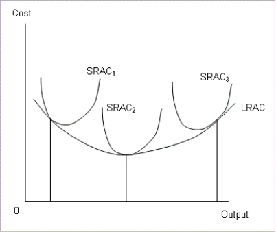 <strong>Figure 4-4 The following figure shows three different plant sizes and short-run average cost curves (SRAC), along with the long-run average cost curve (LRAC) for the industry. Refer to Figure 4-4.Which of the following statements is true?</strong> A)is inefficiently large. B)is inefficiently small for this market. C)is likely to survive the competition with unchanged plant size. D)and can improve their cost structures by resizing their plants to .