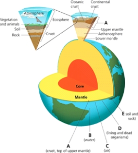 EARTH LAYERS -Which letter in the diagram corresponds to the layer that comprises all of the Earth's ecosystems?