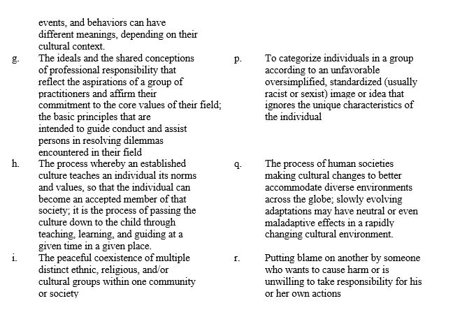 Match each definition to the corresponding term. Scapegoating