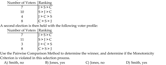 The Mathematics Department is holding an election for department chair. Each member ranks the candidates from first to third. The voter profile below shows the results of the preliminary Nonbinding ballots with candidates Clark (C), Jones (J), and Smith (S).