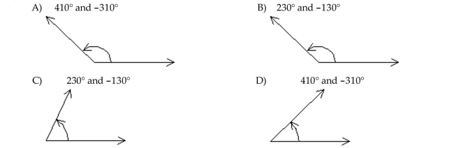 Draw the given angle in standard position. Draw an arrow representing the correct amount of rotation. Find the measure of two other angles, one positive and one negative, coterminal with the given angle. 50°