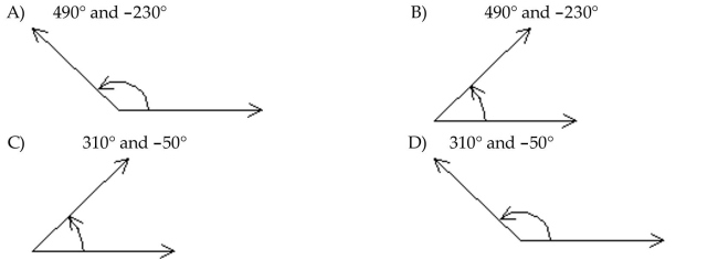 Draw the given angle in standard position. Draw an arrow representing the correct amount of rotation. Find the measure of two other angles, one positive and one negative, coterminal with the given angle. 130°