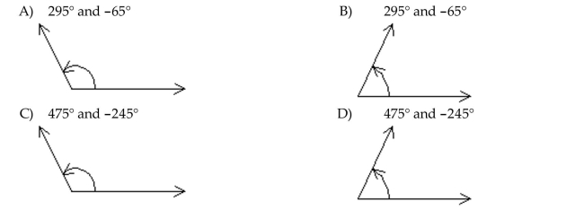 Draw the given angle in standard position. Draw an arrow representing the correct amount of rotation. Find the measure of two other angles, one positive and one negative, coterminal with the given angle. 115°