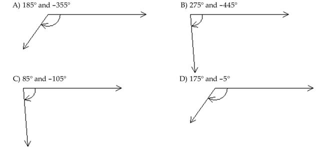 Draw the given angle in standard position. Draw an arrow representing the correct amount of rotation. Find the measure of two other angles, one positive and one negative, coterminal with the given angle. -85°