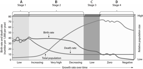 Match the items listed below with the appropriate choice -On the generalized model of the demographic transition, choose the stage that has a high birth rate and a high death rate.