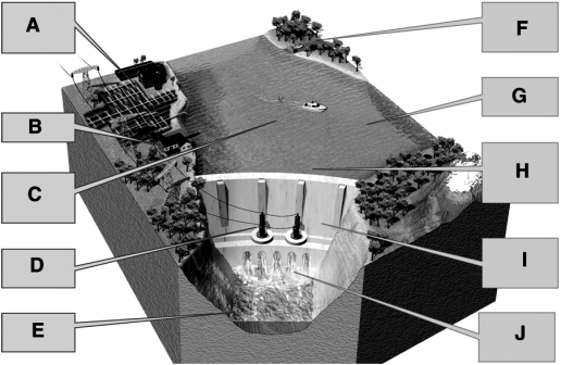 The above diagram points to the advantages (A─E) and the disadvantages (F─J) of large dams and reservoirs.Correctly identify and each of the five advantages (A─E) and disadvantages (F─J) of such large dams and reservoirs as indicated on the diagram. -Downstream cropland and estuaries are deprived of nutrient-rich silt.