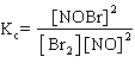Consider the reaction for which . A sample of pure NOBr is isolated at low temperature. It is placed in a flask at a concentration of 0.200 M and warmed up to 50<sup> \circ </sup>C. When the reaction has come to equilibrium, the concentration of NOBr is 0.176 M. What is the value of K<sub>c</sub> at 50<sup> \circ </sup>C for this reaction?