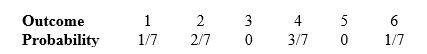 <strong>Here is an assignment of probabilities to the face that comes up when rolling a die once: What is the approximate expected outcome when rolling this die?</strong> A) 3 B) 3.29 C) 3.5 D) 4 E) 4.29