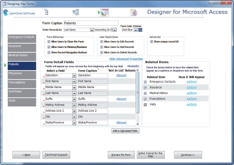 The database form recorder,as shown in the figure above,is used to create output screens for a database application.