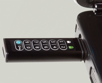 <strong> The data on the ____ USB flash drive shown in the accompanying figure cannot be accessed until the user enters the appropriate PIN.</strong> A)encrypted B)locked C)registered D)indexed