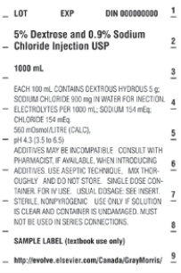 <strong>Identify the letter of the label corresponding to the IV fluid abbreviation.D<sub>5</sub>NS</strong> A) B) C)
