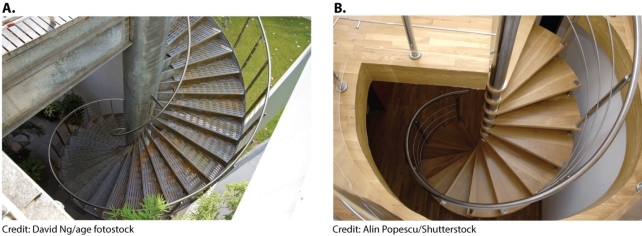 <strong>DNA is often described as having a shape like a spiral staircase. Which of the spiral staircases in the photos below is the better analogous representation of a DNA molecule? </strong> A)A B)B