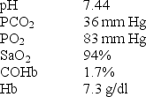 <strong>A subject who displays the signs and symptoms of severe hypoxemia has the following blood gases: Which of the following best describes these findings?</strong> A) The subject has metabolic alkalosis. B) The subject has a decreased CaO<sub>2.</sub> C) The PO<sub>2</sub> measurement is erroneous. D) The dissolved O<sub>2</sub> content is extremely low.