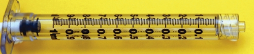 A)Each calibration indicating the lowest measurable dose on a 1-mL tuberculin syringe is equal to how many mL? B)Each calibration indicating the lowest measurable dose on a 3-mL syringe is equal to how many mL?