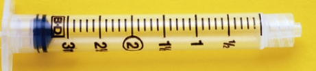 A)Each calibration indicating the lowest measurable dose on a 1-mL tuberculin syringe is equal to how many mL? B)Each calibration indicating the lowest measurable dose on a 3-mL syringe is equal to how many mL?