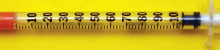 Indicate 18 units on the syringe with an arrow.