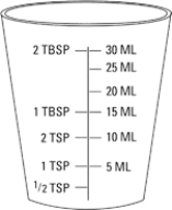 <strong>Ordered: cefadroxil oral suspension 0.6 g PO bid,for a patient with an upper respiratory infection. Available: </strong> A)Estimated dose after reconstitution: How many milliliters will the nurse prepare? B)DA equation: C)Evaluation: Shade in the medicine cup with the nearest measurable dose.Indicate with an arrow the additional amount to be added with the syringe.