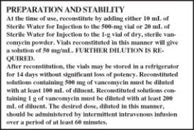 <strong>Ordered: Vancomycin HCl 0.25 g IV q 6 h in a compatible solution,for a patient with a severe infection. Available: </strong> A)Estimated dose: more or less than drug concentration after reconstitution B)How many mL of Vancomycin sol will the nurse withdraw after the first dilution before further dilution by adding to IV? DA equation: C)Evaluation.Indicate the dose with an arrow on the appropriate syringe below: