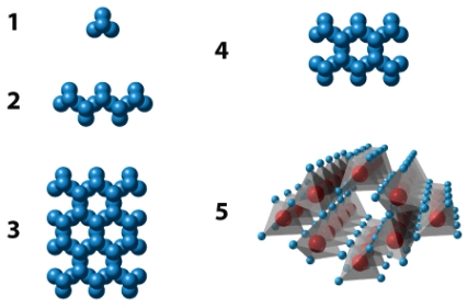 The illustration below shows five different silicate structures.Of these,the structure labeled _____ exhibits the strongest structure for silicates.