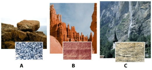 Igneous rocks form from the cooling and solidification of magma.Sample (A,B,or C)_____ has formed by this processes.