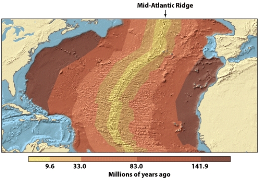 <strong>In the figure below,what is the approximate age of the sea floor off the north coast of Spain? </strong> A)younger than 9.6 million years B)9)6 - 33.0 million years C)33.0 - 83.0 million years D)83.0 - 141.9 million years E)older than 141.9 million years