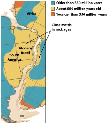 <strong>According to the figure below,most of eastern Brazil is approximately how old? </strong> A)older than 500 million years B)about 550 million years C)younger than 550 million years D)older than 1 billion E)none of the above