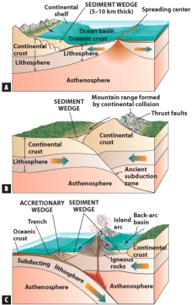 In the figure below,the accretionary wedge is associated with divergent plate boundaries.