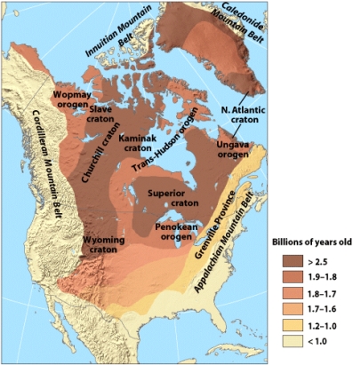 <strong>According to the figure below,what is the approximate age of the Wopmay Orogeny? </strong> A)1)2-1.0 billion years B)1)7-1.6 billion years C)1)8-1.7 billion years D)1)9-1.8 billion years E)>2.5 billion years