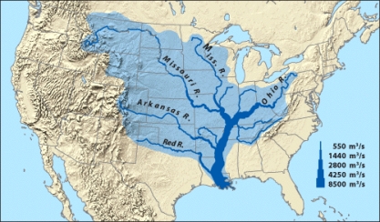 <strong>According to the figure below,the Ohio River eventually drains into which body of water? </strong> A)Atlantic B)Pacific C)Interior D)Gulf of Mexico E)none of the above