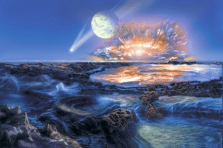 <strong>The figure below indicates that water on Earth may have come originally from inside the Earth,through volcanoes,and from _____. </strong> A)lakes B)the moon C)rainwater D)comets and meteorites E)stars