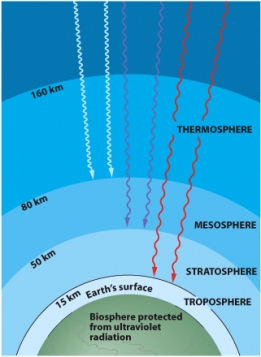 In what forms is oxygen found in the atmosphere layers illustrated,and which of those forms shield us from ultraviolet rays?