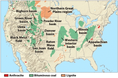 <strong>Coal-bearing strata in the Appalachian,Illinois and Western Interior coal basins,as shown on the map below,include up to 60 layers of coal,which miners term _____. </strong> A)streaks B)zones C)runs D)formations E)seams
