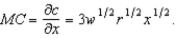 a. The marginal cost is   and the derivative of this with respect to output is positive -- i.e. the MC curve is upward sloping. This implies decreasing returns to scale. b. We derived it above as   (Part (a) could be answered without making explicit reference to the MC function.) c. The supply function can be derived by setting MC equal to price and solving for output. (Recall the supply curve is the part of the MC curve that lies above AC -- and since we know this production process to have decreasing returns to scale throughout, the MC lies above AC everywhere.) Solving   gives the supply function   d. In that case, the production process has increasing returns to scale (with downward-sloping MC). As a result, the firm's profit maximization problem does not have an interior solution -- the firm would produce an infinite amount. Of course this does not make sense -- because it does not make sense to assume price-taking firms can have production technologies that have increasing returns to scale throughout.