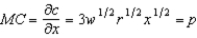 a. The marginal cost is   and the derivative of this with respect to output is positive -- i.e. the MC curve is upward sloping. This implies decreasing returns to scale. b. We derived it above as   (Part (a) could be answered without making explicit reference to the MC function.) c. The supply function can be derived by setting MC equal to price and solving for output. (Recall the supply curve is the part of the MC curve that lies above AC -- and since we know this production process to have decreasing returns to scale throughout, the MC lies above AC everywhere.) Solving   gives the supply function   d. In that case, the production process has increasing returns to scale (with downward-sloping MC). As a result, the firm's profit maximization problem does not have an interior solution -- the firm would produce an infinite amount. Of course this does not make sense -- because it does not make sense to assume price-taking firms can have production technologies that have increasing returns to scale throughout.