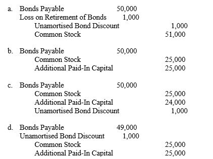 A bond issue of $50,000 with a carrying value of $49,000 is converted into $10 par value common stock at the rate of fifty shares for each $1,000 bond. The entry to be recorded on the conversion of bonds is: