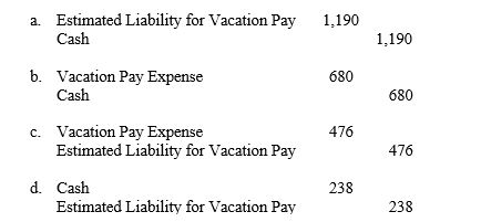 Total payroll for a given week is $17,000. If 70 percent of the company's employees typically qualify to receive two weeks' paid vacation per year (50 weeks), the entry to record estimated liability for vacation pay for the week is