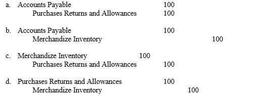 Chancellor Company purchased merchandize worth $900 on credit, terms n/30 and returned merchandize worth $100 on next day. What is the required journal entry to record the merchandize returns under the perpetual inventory system?