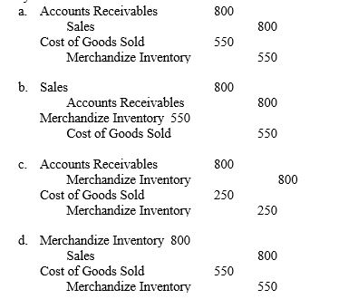 Feathertouch Company sold merchandize worth $800 on credit, terms n/15. The merchandize sold had cost $550. What is the required journal entry to record the transaction under the perpetual inventory system?